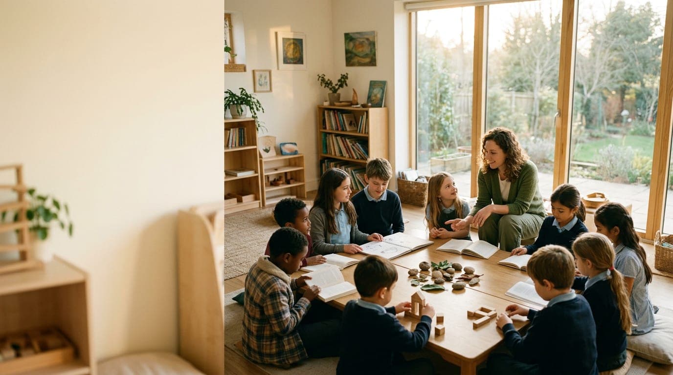 Students of various ages sitting together in a classroom with natural light, focused on educational activity with an adult instructor.